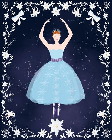 Snow Queen - ballerina in the snow surrounded by festive holiday border