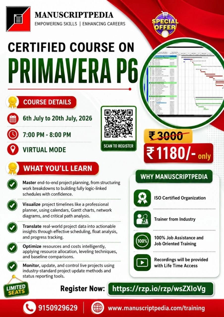 Certified online Primavera P6 course by Manuscriptpedia with limited seats.
