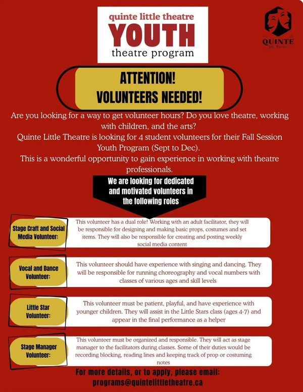 Volunteer positions open in youth theatre program for Fall session.