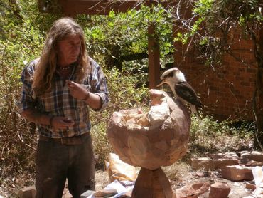 Cal the Stoner receives daily visitors. A Kookaburra visits the Burwood studio to inspect progress