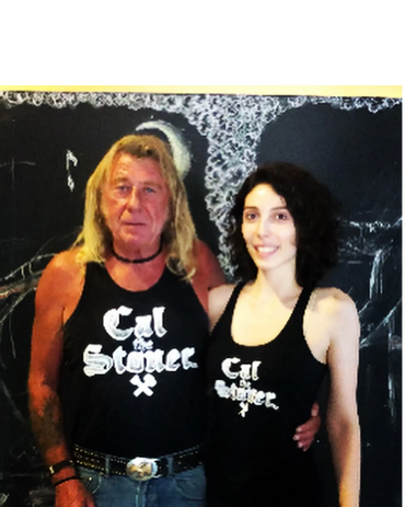 Cal and Yiota pose in black Cal the Stoner singlets, Greece 2022