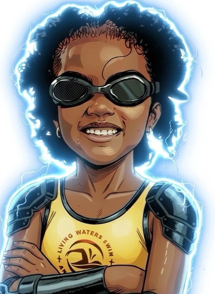 Electric energy surrounds a confident swimmer in goggles and armor.