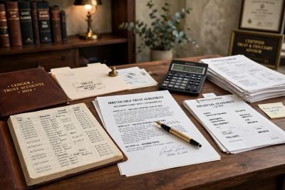 A desk with tax documents, a calculator, and financial records.
