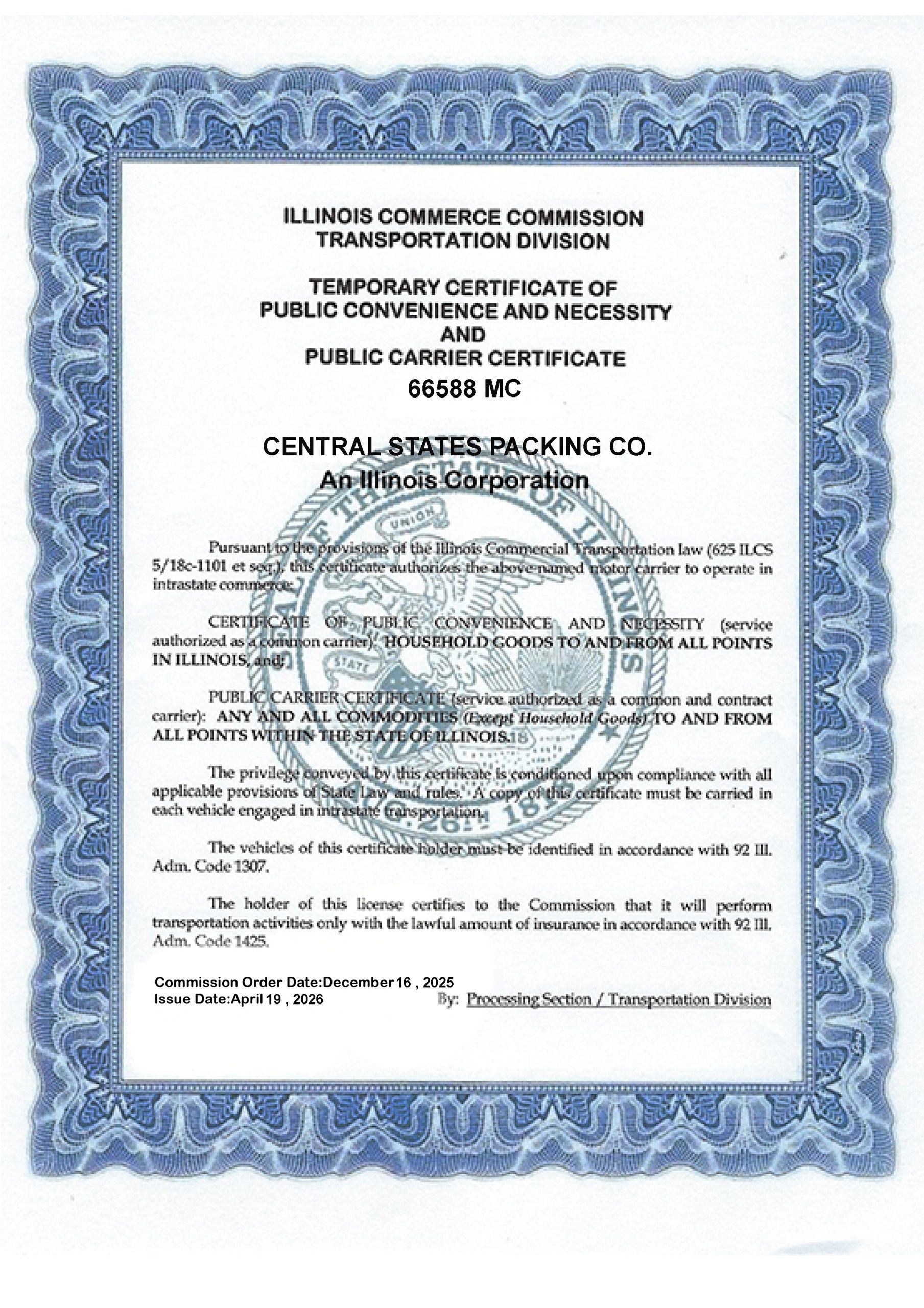 Temporary certificate for Central States Packing Co. from Illinois Commerce Commission.