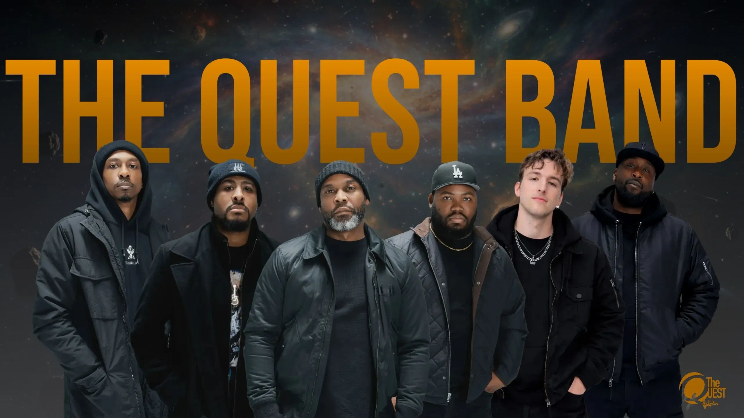 The Quest Band posing confidently against a cosmic background.
