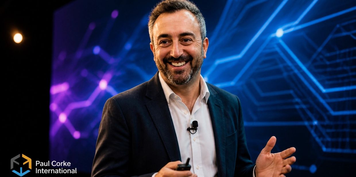 A smiling man giving a presentation with a tech-themed background.