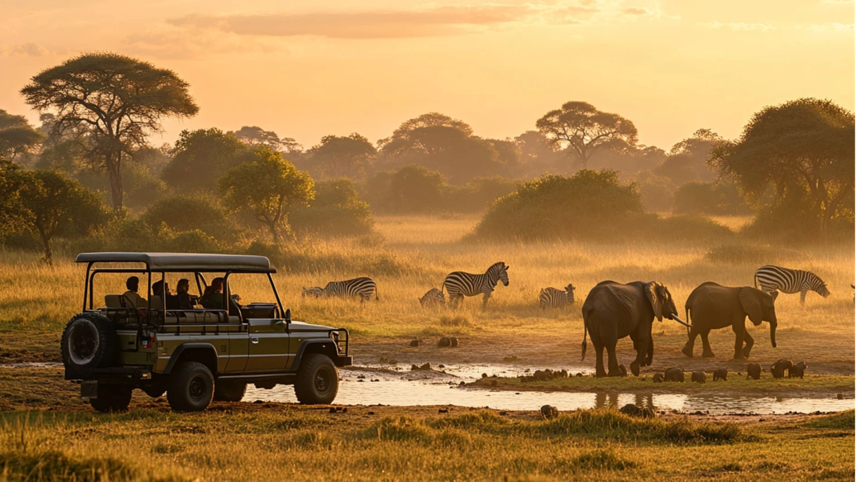Safari vehicle watching elephants and zebras at sunset in African savannah.