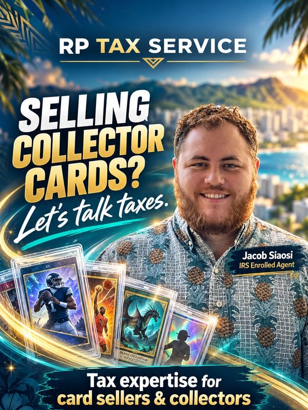 Jacob Siaosi, IRS Enrolled Agent at RP Tax Service, holding graded trading cards in Honolulu