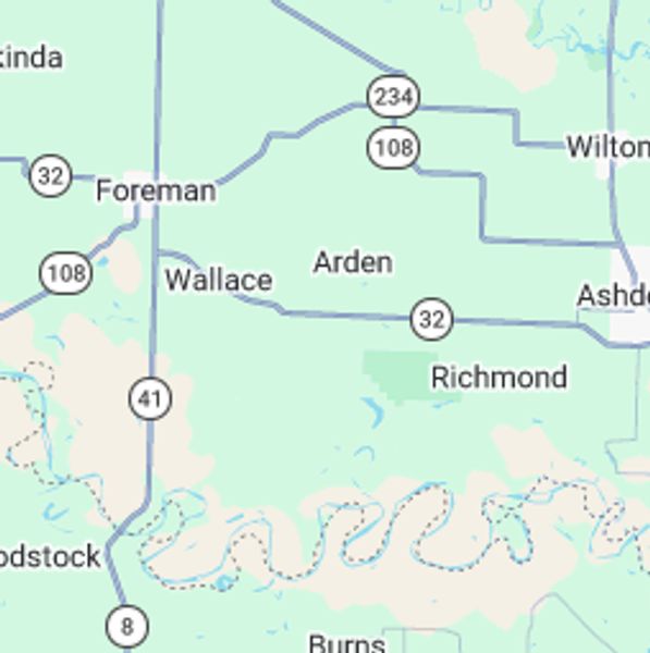 Map showing towns and highways around Arden, Wallace, and Richmond.