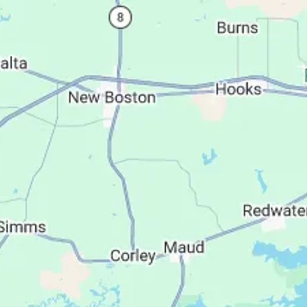 Map showing New Boston, Hooks, Corley, and surrounding areas in Texas.