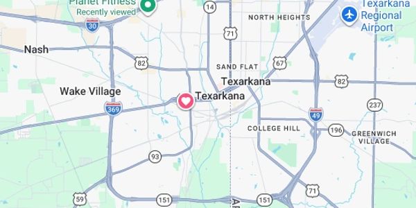 Map highlighting Texarkana and nearby areas with major highways.