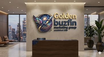 Modern reception area of Golden buzfin marketing group with a cosmic-themed logo.