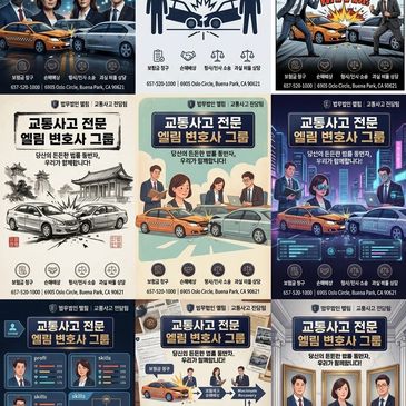 Nine Korean advertisements for a traffic accident lawyer group with various visual styles and information.