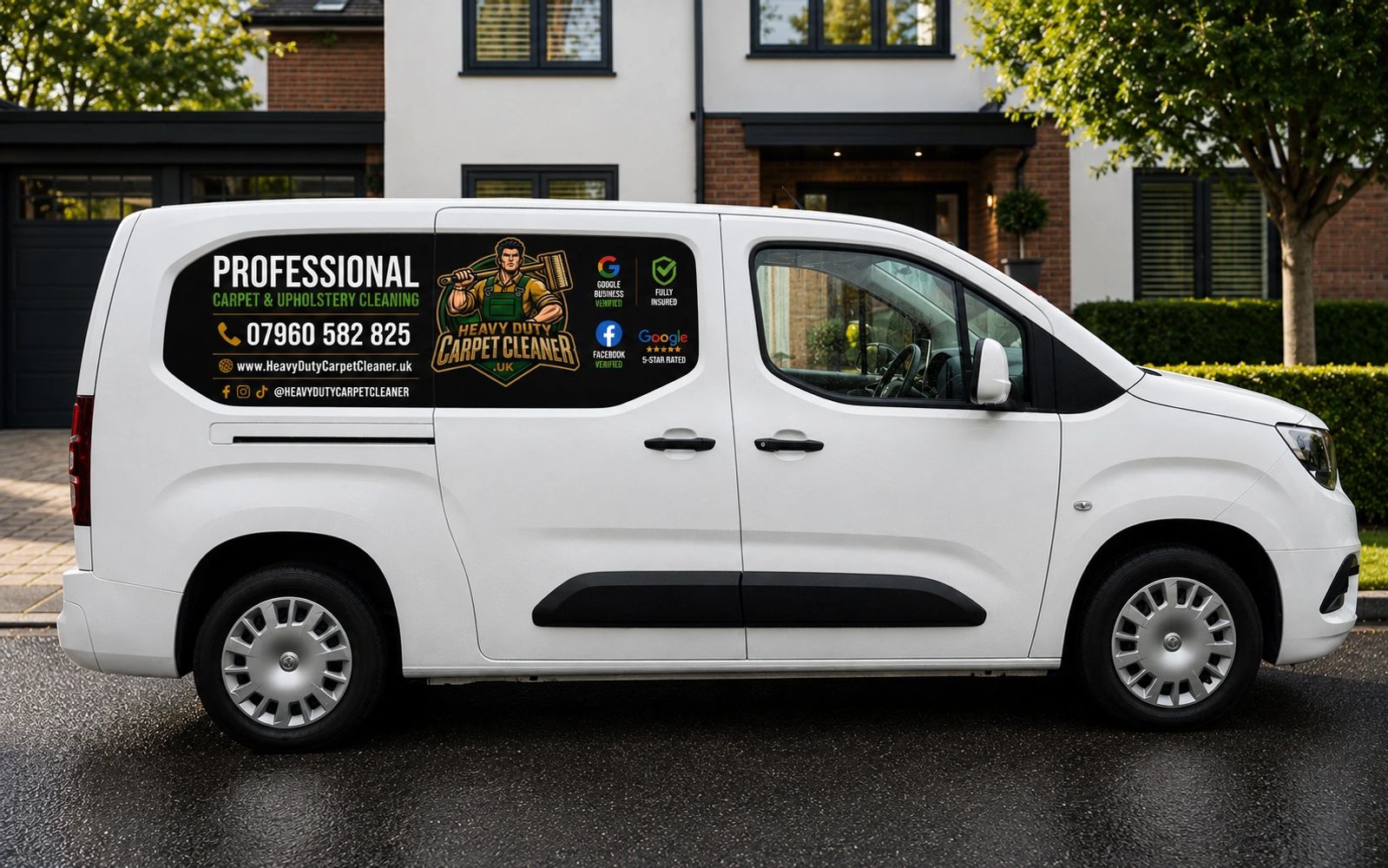 White van with professional carpet cleaning advertisement.