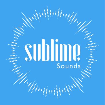 Blue logo with 'sublime Sounds' text surrounded by white soundwave dots.