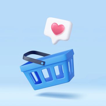 Blue shopping basket with a floating heart notification above it.
