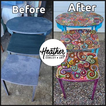 Custom tables with signature dots and swirls by Heather Conley