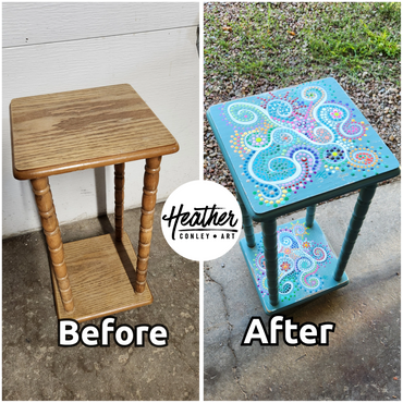 Beautiful teal hand-painted plant stand by Heather Conley