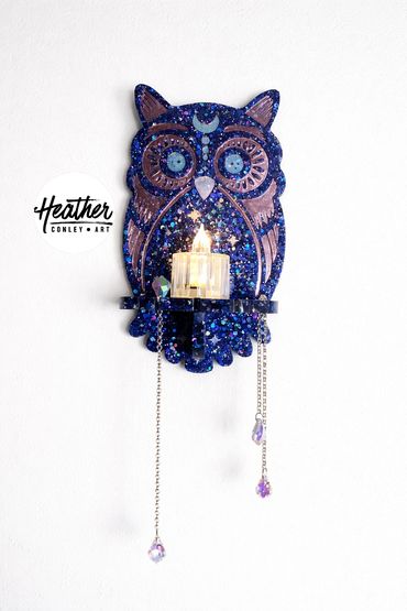 Magical owl wall shelf for candle or crystals