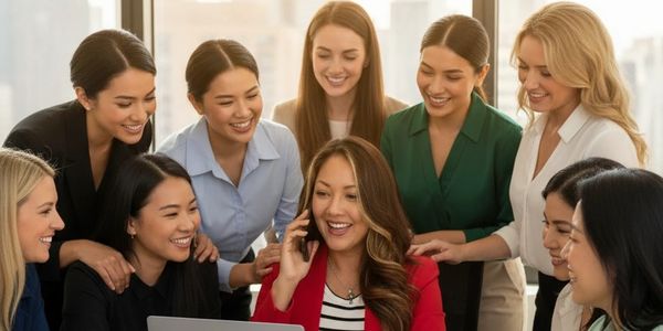 woman with red blazer on phone smiling surrounded by 9 other woman smiling
