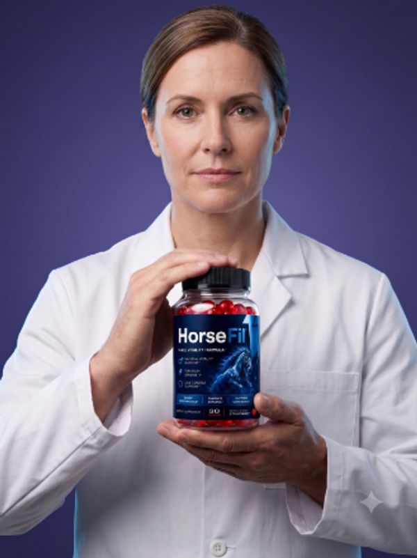 Woman in lab coat holding a bottle of HorseFit supplements.