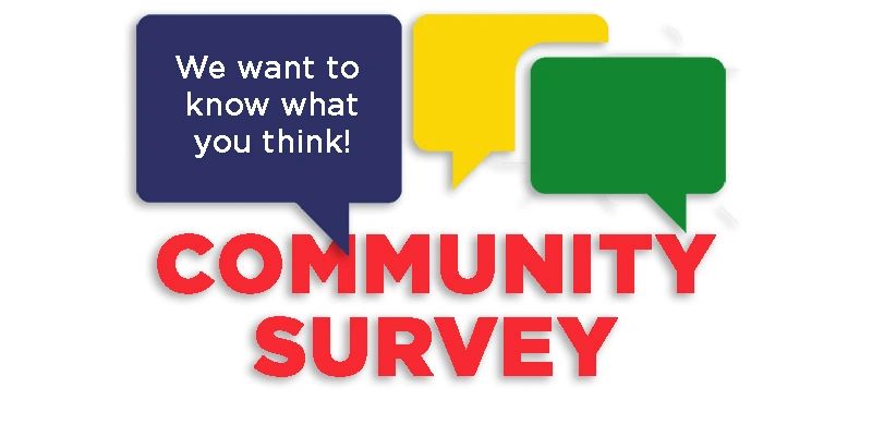 Colorful speech bubbles emphasize a community survey asking for opinions.