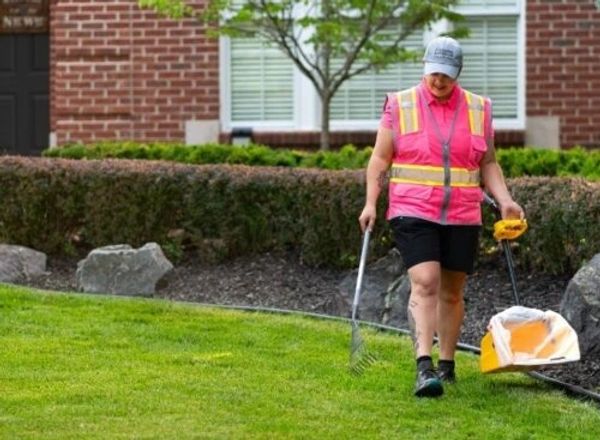 Person in safety vest cleaning yard with rake and dustpan.