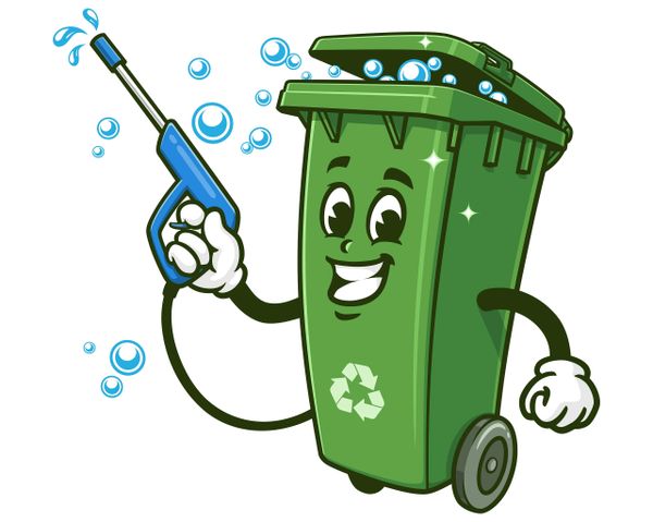 Cartoon recycling bin holding a water spray gun, smiling with bubbles.