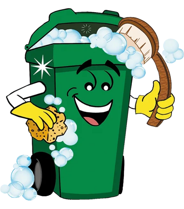 Animated green trash bin happily cleaning itself with brush and sponge.