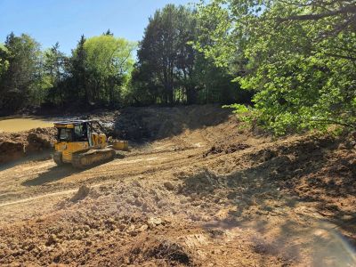 Bulldozer clearing land amid trees and blue sky.