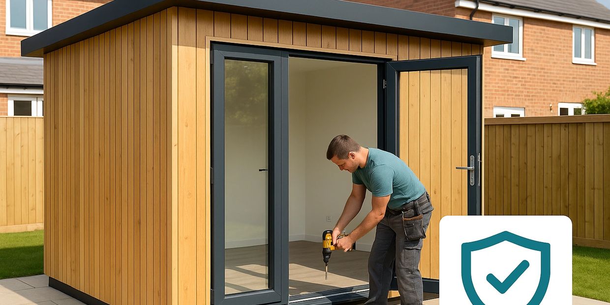 Man using a drill on a modern wooden garden shed with black trim.