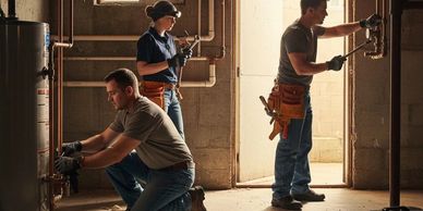 Three plumbers fixing pipes in a basement.