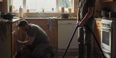 Two men fixing a kitchen sink and cleaning the floor.