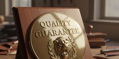 A golden plaque with a lion and 'Quality Guarantee' engraved on it.