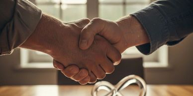 Two people shaking hands in front of a window.