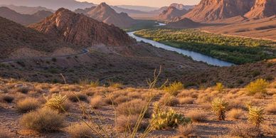Desert landscape with a winding river and distant mountains at sunset.