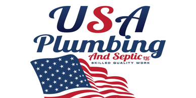 Logo for USA Plumbing and Septic with American flag.
