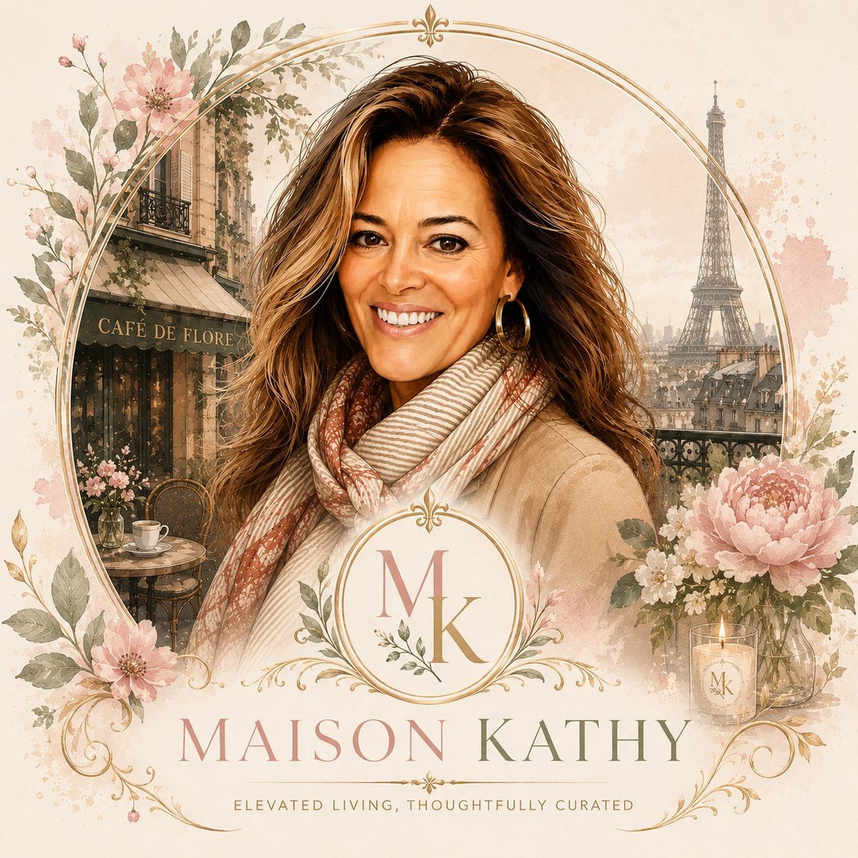 Elegant portrait of a smiling woman with Parisian backdrop and floral accents.