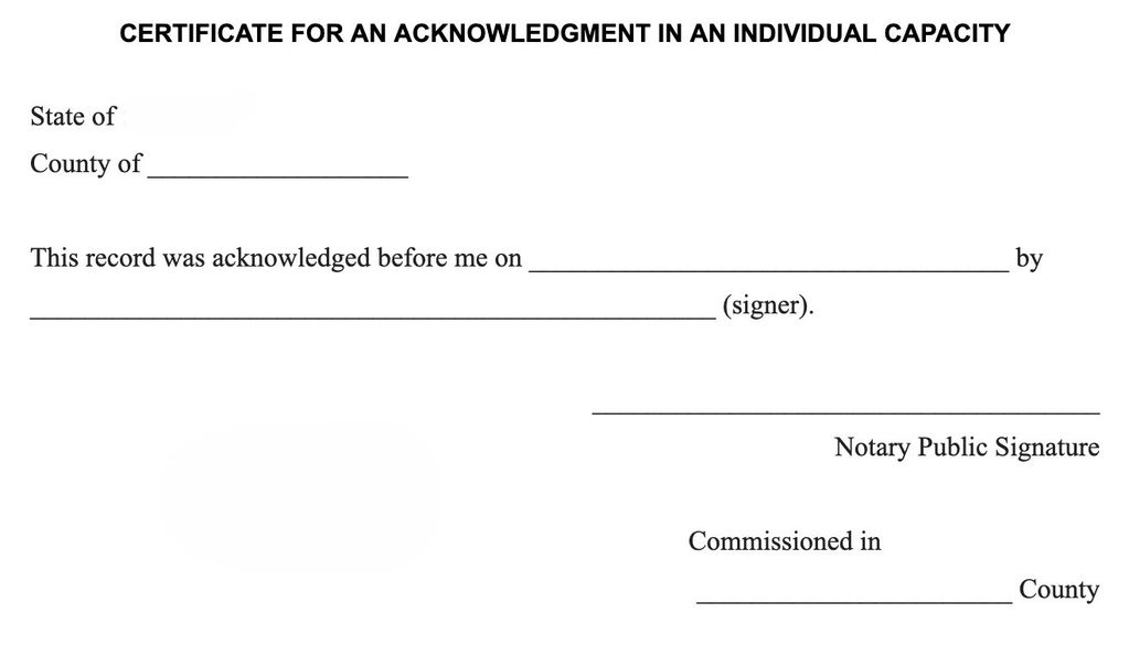 Certificate for individual acknowledgment with signature lines.
