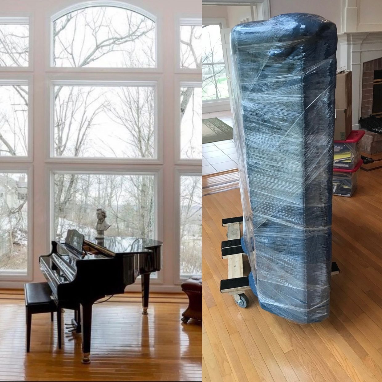 A piano wrapped and ready for moving