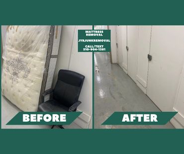 Photo of a before-and-after mattress removal project in a storage facility.