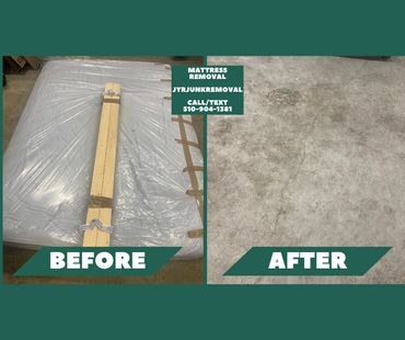 A before-and-after mattress on the floor waiting for disposal