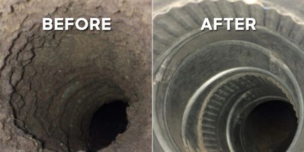 Before and after images of a chimney showing soot cleaned.