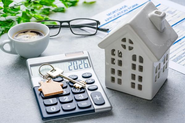 Calculator showing 2026 next to a model house.