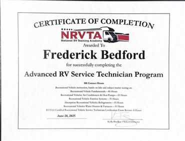 Certificate awarded to Frederick Bedford for completing Advanced RV Service Technician Program.
