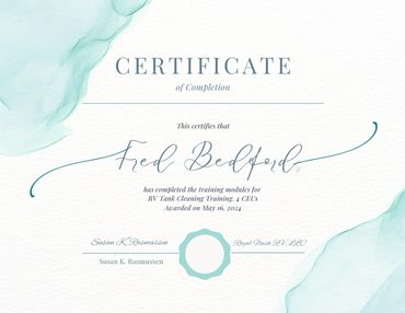 Certificate of completion for Fred Bedford in RV Tank Cleaning Training.