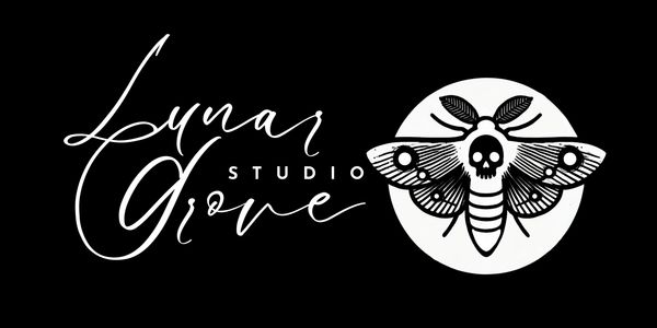 Logo of Lunar Grove Studio with elegant text and a moth featuring a skull design.