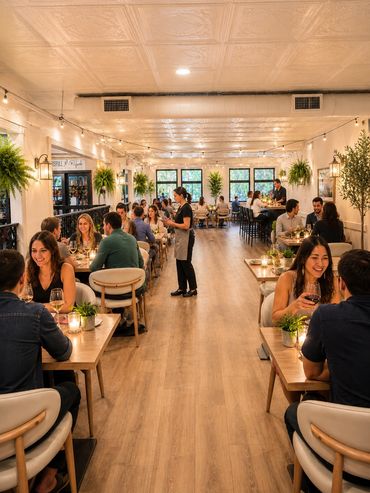 Cozy restaurant with couples dining and warm lighting.