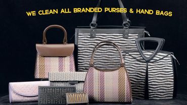 A collection of various patterned handbags with a service offer to clean branded purses.
