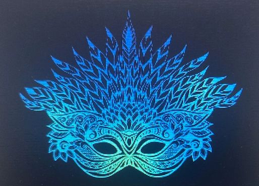 A graphic of a blue and turqoise-hued mask on a dark blue background